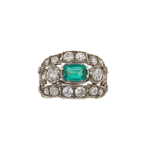 Synthetic emerald, old-cut diamond and gold ring