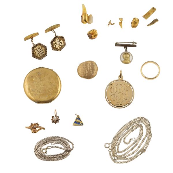Mixed lot of fully or partially damaged and incomplete items in 750/1000 gold, low-grade gold, silver, and metal