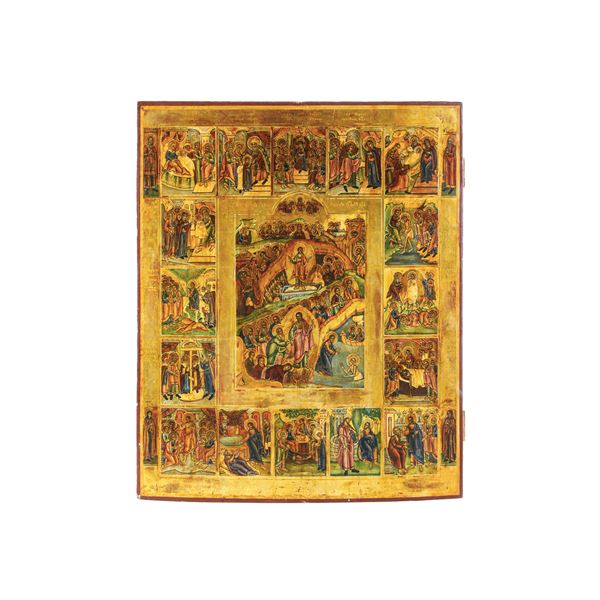 Icona raffigurante la Resurrezione di Cristo, l'incontro delle donne mirofore e la Pentecoste