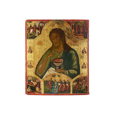 Icona Raffigurante San Giovanni Battista con il Calice Eucaristico. Russia, XIX Secolo.