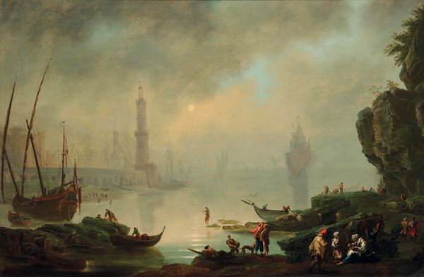 Artista del XVII-XVIII secolo Veduta costiera con faro e personaggi