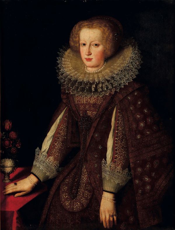 Scuola toscana del XVI secolo Ritratto di gentildonna con vaso di fiori