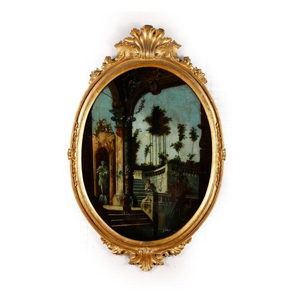 Scuola del XVIII secolo Capricci con architetture e figure