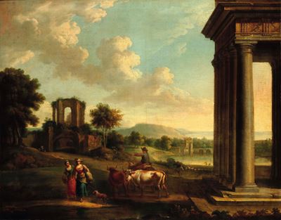 Veduta con rovine e pastori, olio su tela