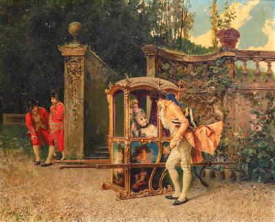 Scena galante con carrozza, olio su tavola