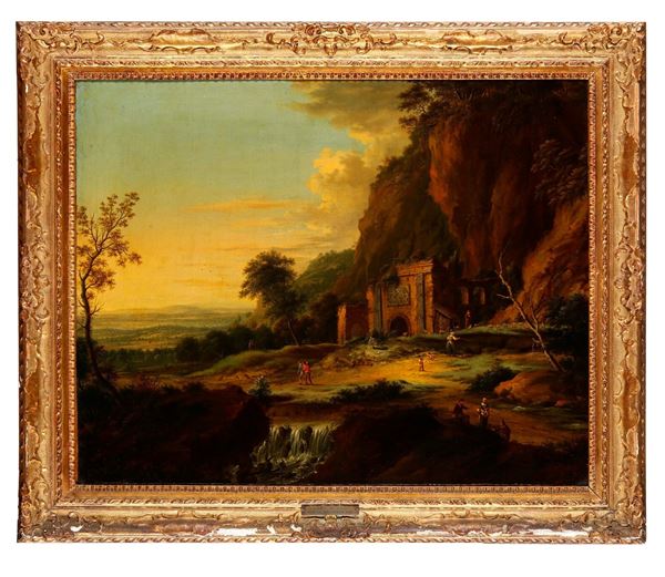 Paesaggio fluviale con pastori e contadini