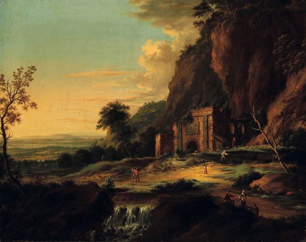 Paesaggio fluviale con pastori e contadini