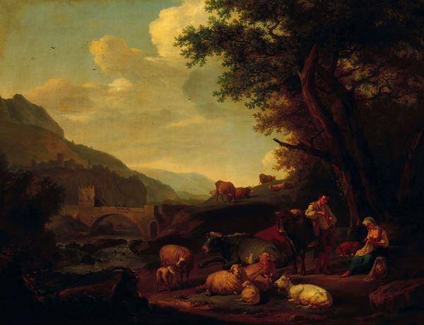 Paesaggio fluviale con pastori e armenti