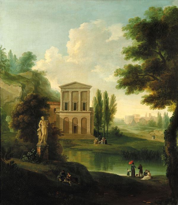 Scuola austriaca dell'inizio del XIX secolo Paesaggio con laghetto e architetture