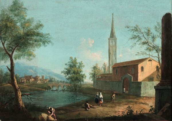 Paesaggio fluviale con contadini e pescatori