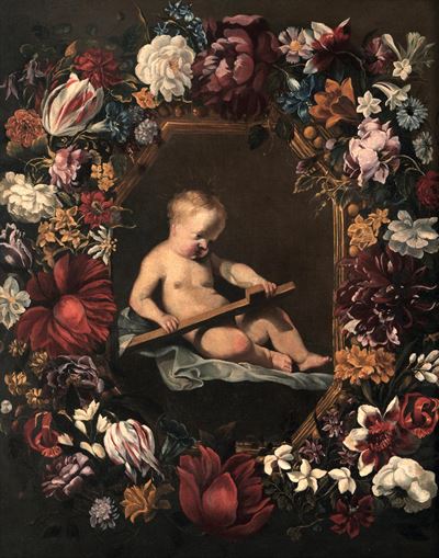 Artista Fiammingo Attivo a Roma nel XVII Secolo Gesù Bambino Entro Ghirlanda di Fiori