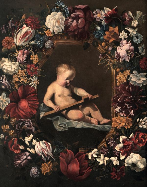 Artista fiammingo attivo a Roma nel XVII secolo Gesù Bambino entro ghirlanda di fiori