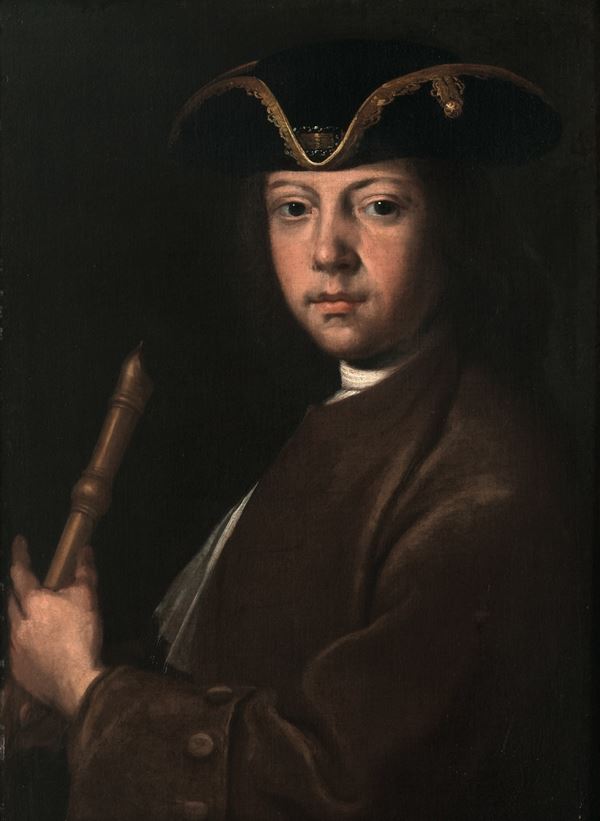 Scuola lombarda dell'inizio del XVIII secolo Ritratto di giovane uomo con flauto