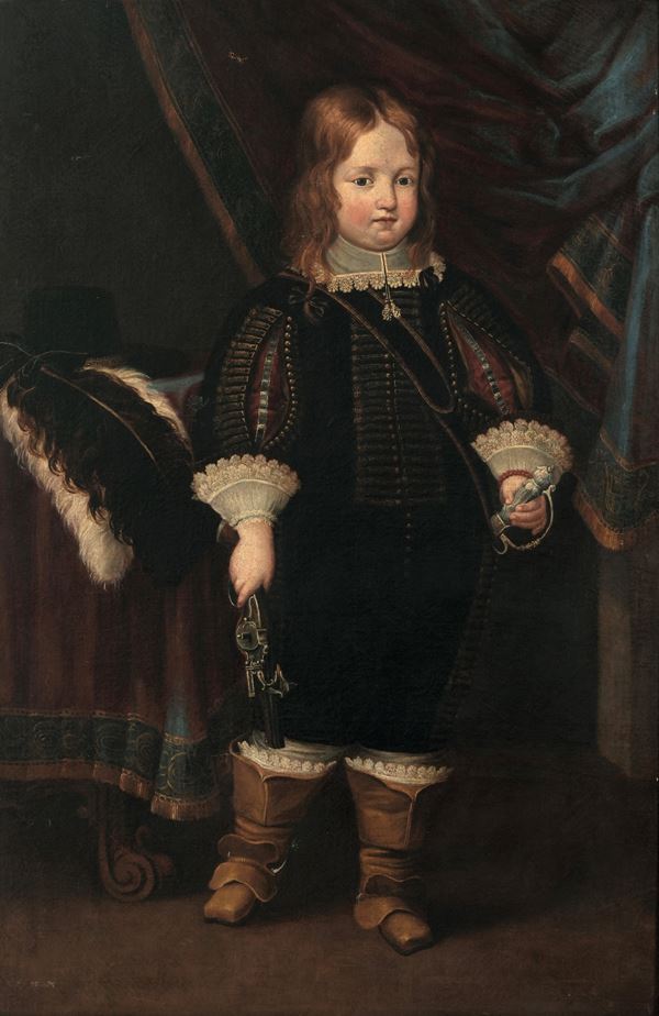 Scuola del Nord Europa del XVII secolo Ritratto di infante con pistola a ruota e spadino