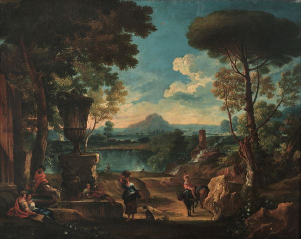 Paesaggio fluviale con pastori e contadini