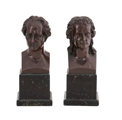 Fonditore del XX secolo, Busto di Goethe e di Schiller, bronzo fuso su basi in marmo