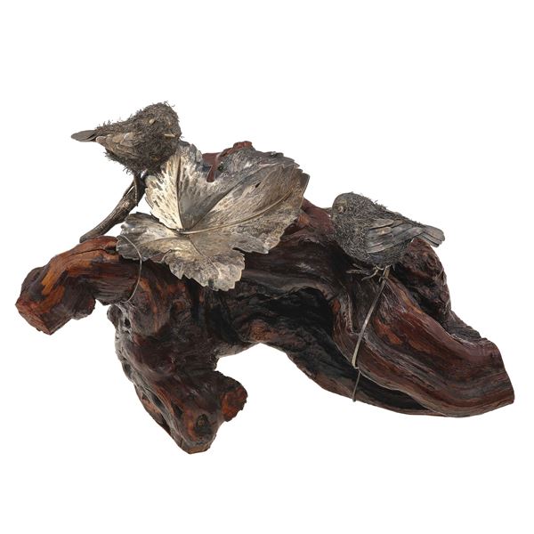 Mario Buccellati. Coppia di uccellini su base in legno