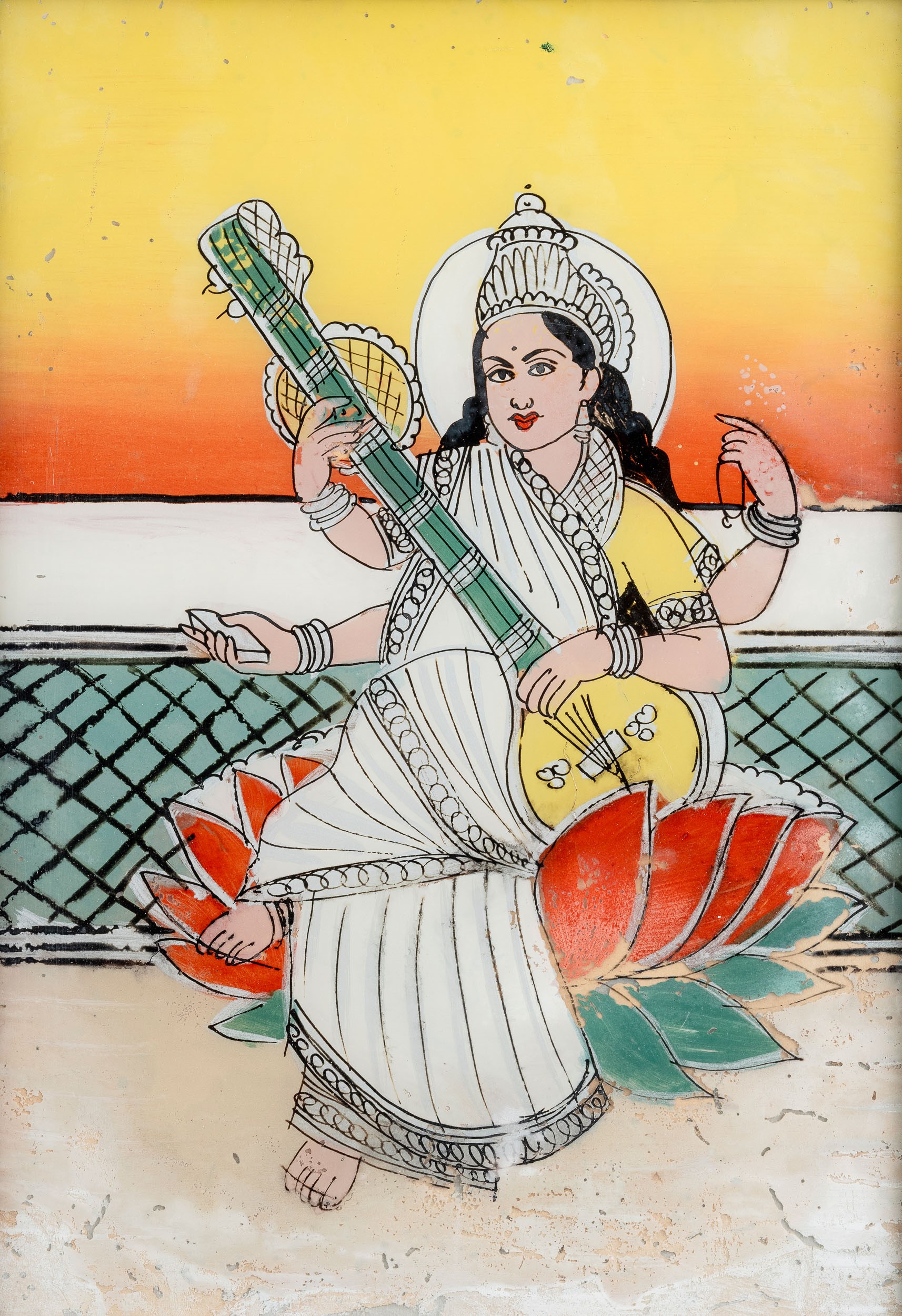 Coppia di dipinti su porcellana raffiguranti la Dea Sarasvati, India, XX secolo