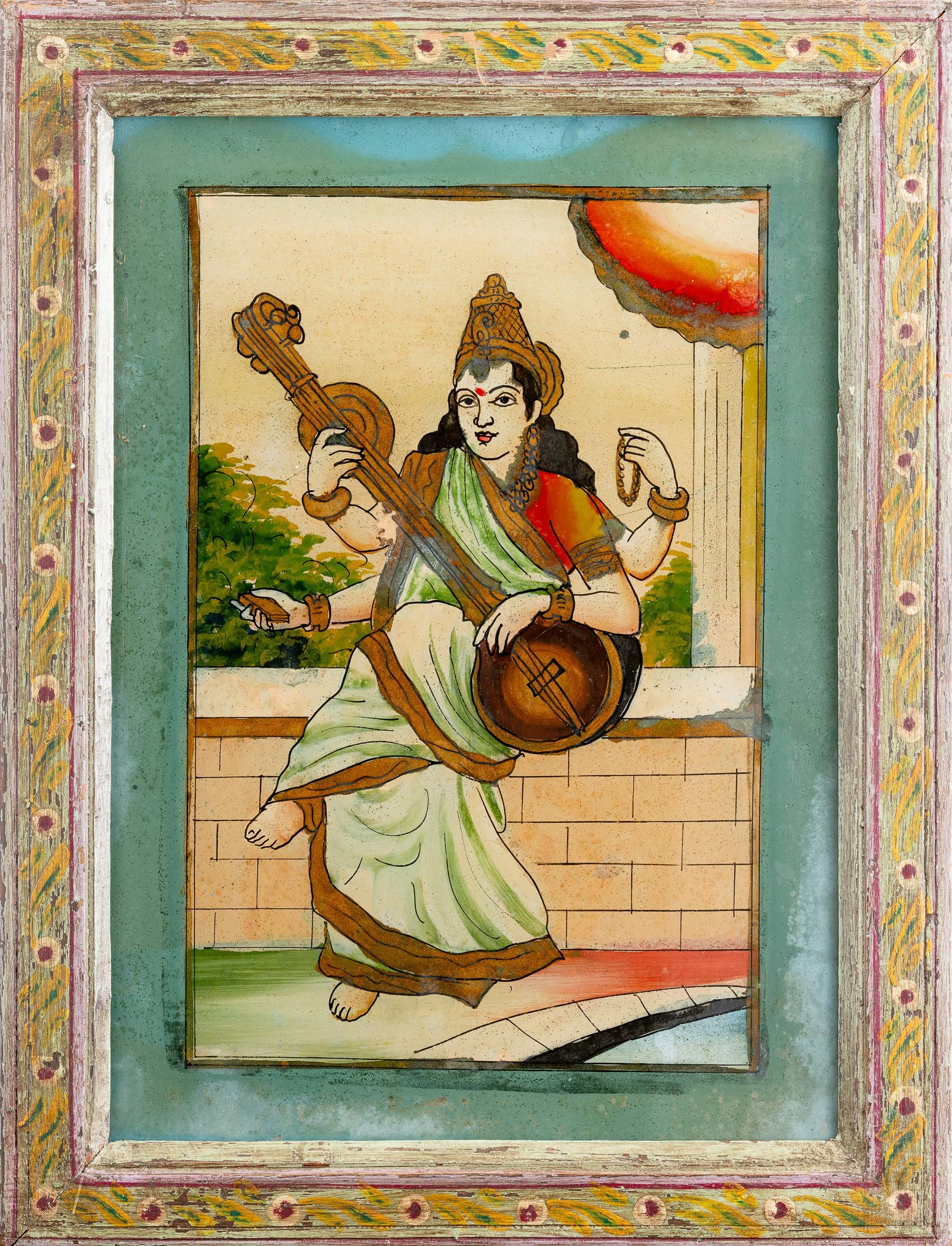 Coppia di dipinti su porcellana raffiguranti la Dea Sarasvati, India, XX secolo