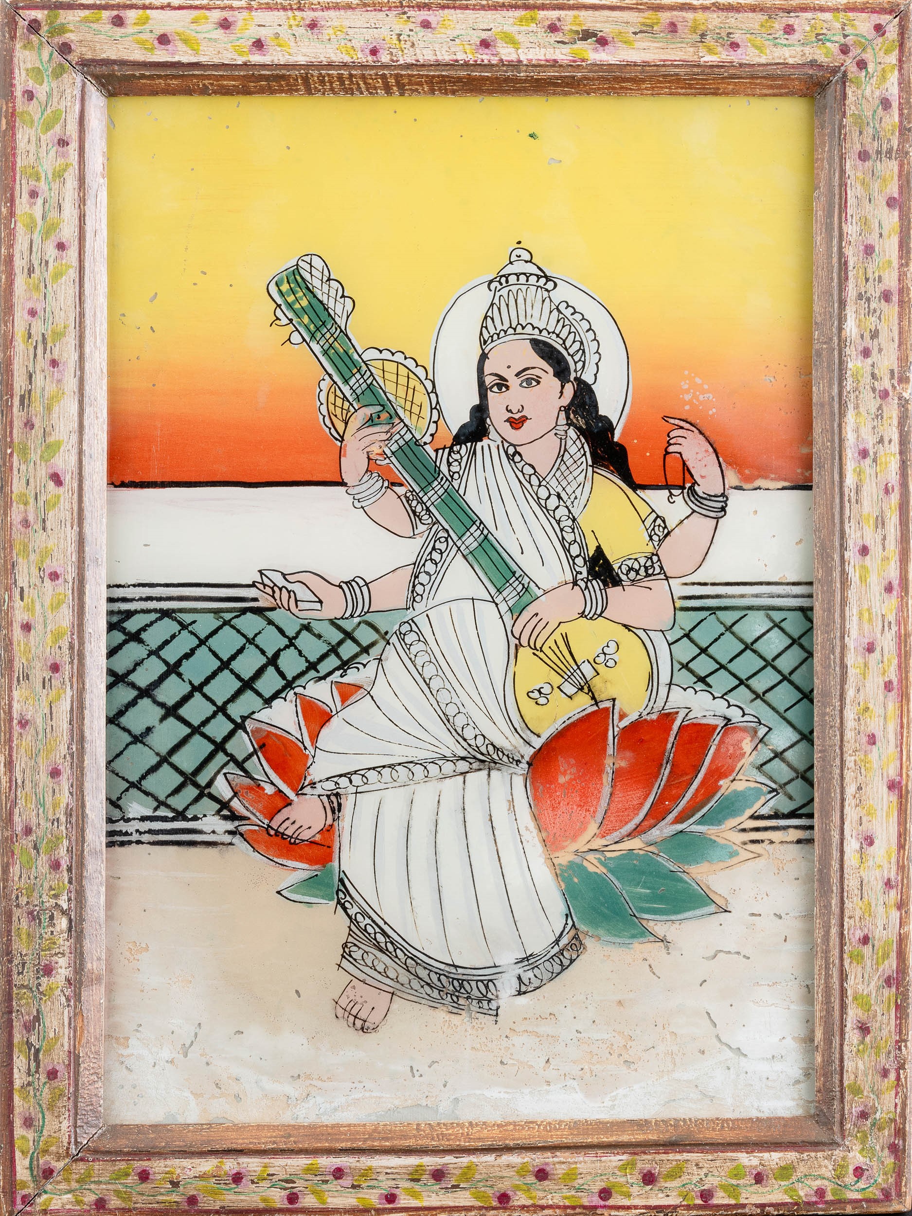 Coppia di dipinti su porcellana raffiguranti la Dea Sarasvati, India, XX secolo