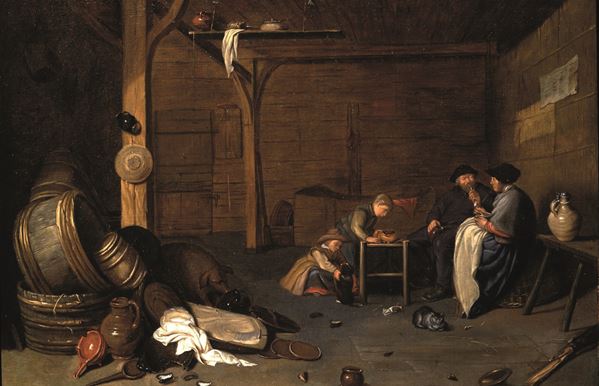 Scena di genere raffigurante interno con figure