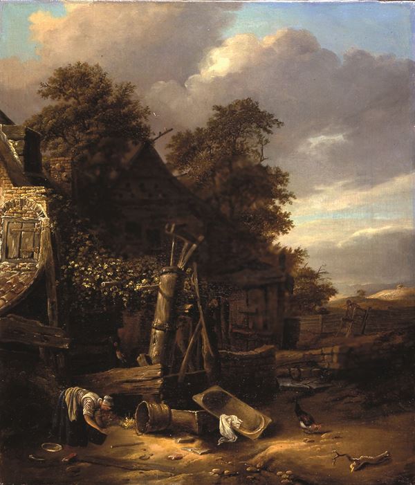 Veduta di villaggio con contadina