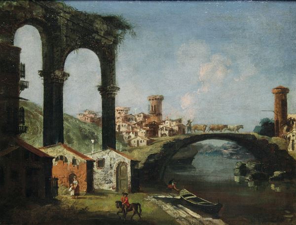 Veduta di fantasia con ponte e rovine