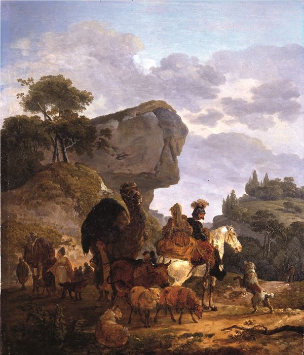 Paesaggio rupestre con viandanti e armenti