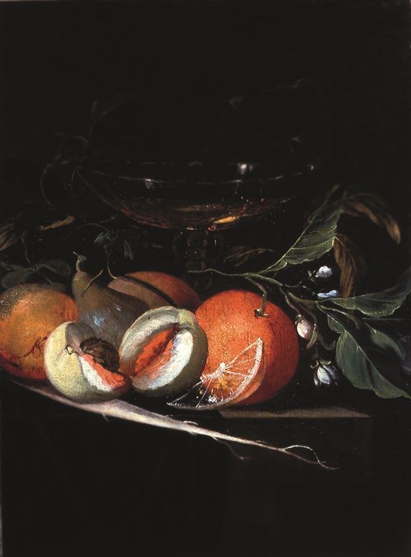 Natura morta con coppa di vetro e frutti