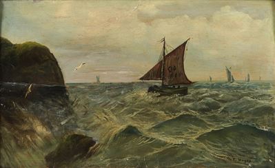 E. Hayes, Marina con barche, olio su cartoncino