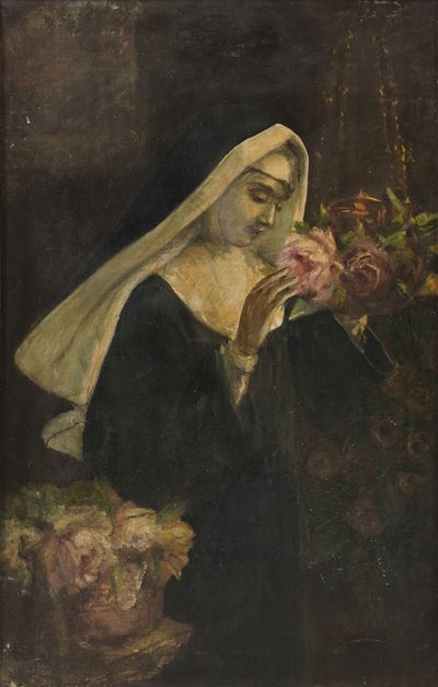 Pittore del XIX-XX secolo, Suora e fiori, olio su tela