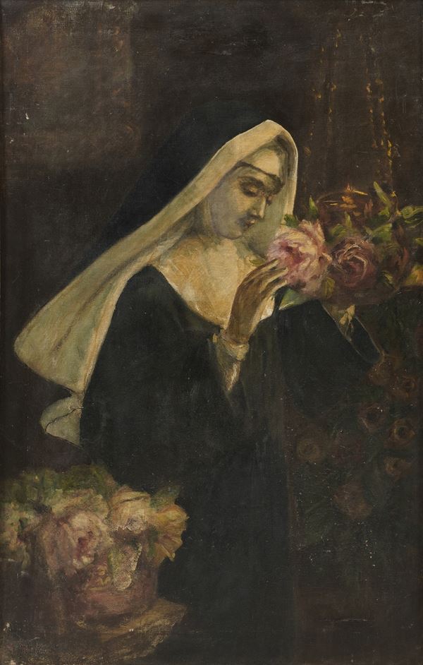 Pittore del XIX-XX secolo Suora e fiori