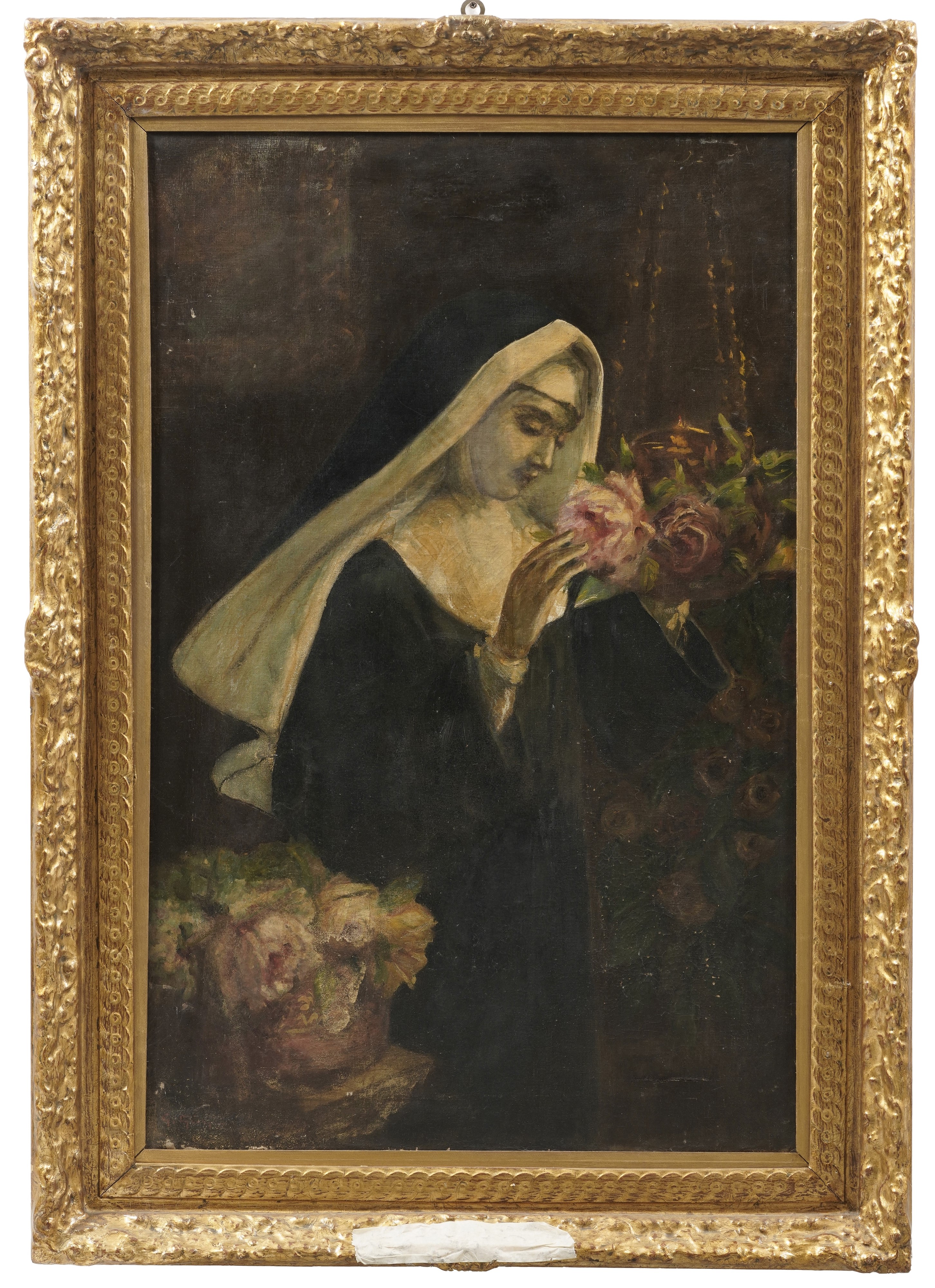 Pittore del XIX-XX secolo, Suora e fiori, olio su tela