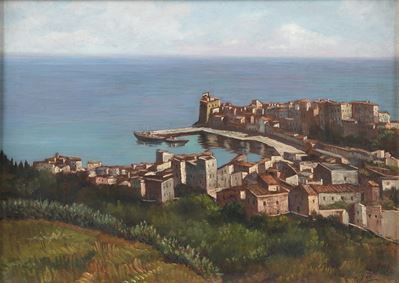 M. Dini, Paesaggio costiero, olio su tela