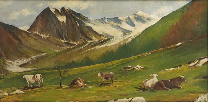 G. Federici Mucche in alpeggio  - olio su tela - Auction 19th and 20th Century Paintings - Cambi Casa d'Aste