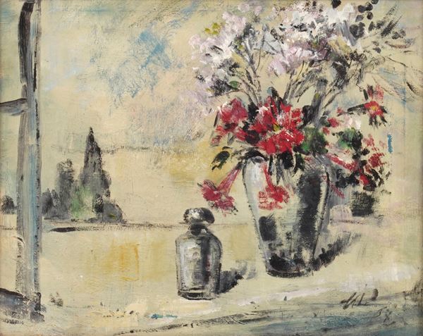 Pittore del XIX-XX secolo Natura morta di fiori in un paesaggio