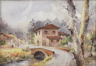 Pittore del XIX-XX secolo, Cascina sul fiume, acquerello