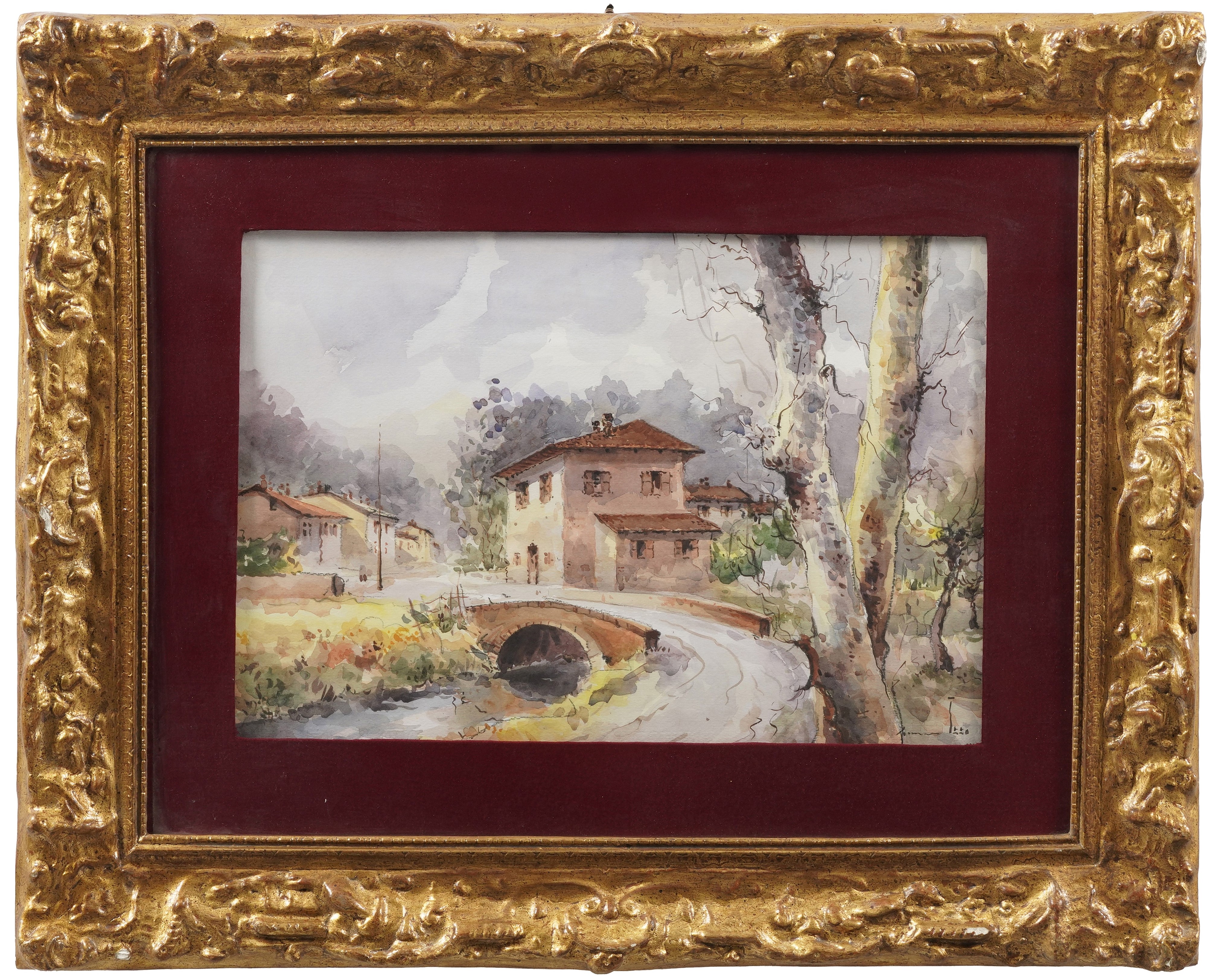 Pittore del XIX-XX secolo, Cascina sul fiume, acquerello