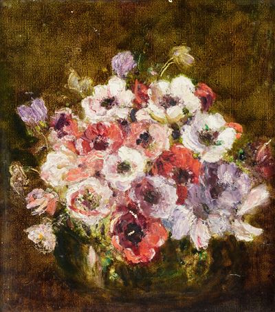 Pittore del XIX-XX secolo, Mazzo di fiori, olio su tela applicata su cartone