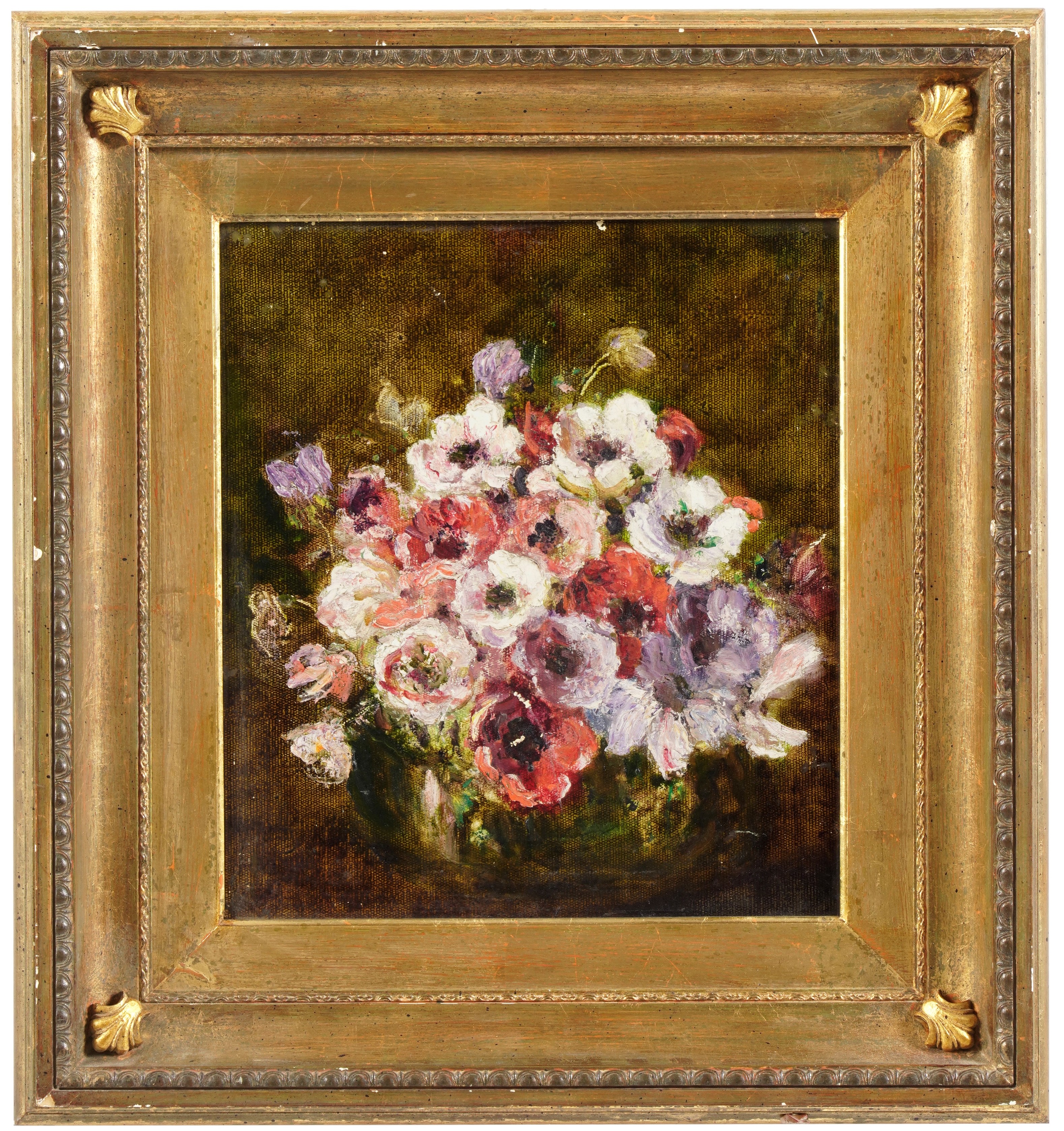 Pittore del XIX-XX secolo, Mazzo di fiori, olio su tela applicata su cartone