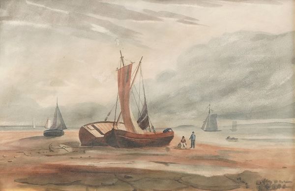 Pittore del XIX-XX secolo Barche in secca