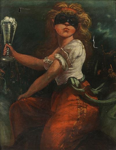 Scuola del XIX-XX secolo, Ragazza in maschera, olio su tela