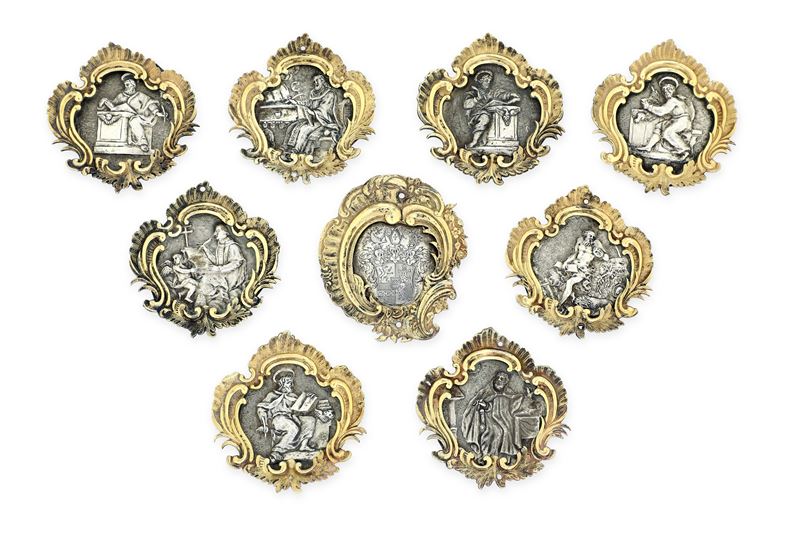 Arte barocca (Italia ?) XVIII secolo (apparentemente prive di punzonatura) Gruppo di nove placche  - Asta Argenti da Collezione - I - Cambi Casa d'Aste