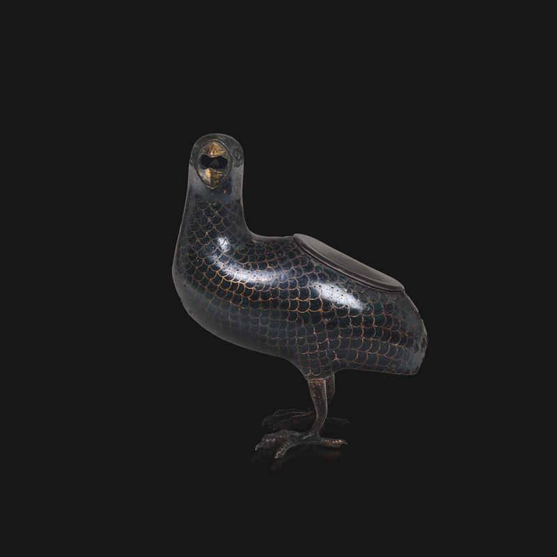 Incensiere in bronzo a smalti policromi cloissoné raffigurante quaglia con decori dorati, Cina, Dinastia Qing, epoca Qianlong (1736-1796)  - Asta Fine Asian Works of Art - Cambi Casa d'Aste