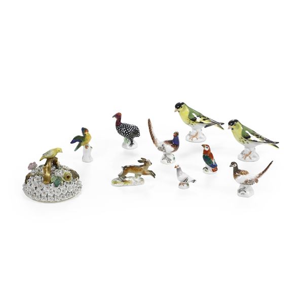 Sette figurine in miniatura di animali.<BR>Meissen, XX secolo.