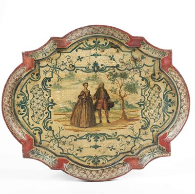 Vassoio in Legno Laccato e Decorato Ad Arte Povera. Venezia, XVIII-XIX Secolo