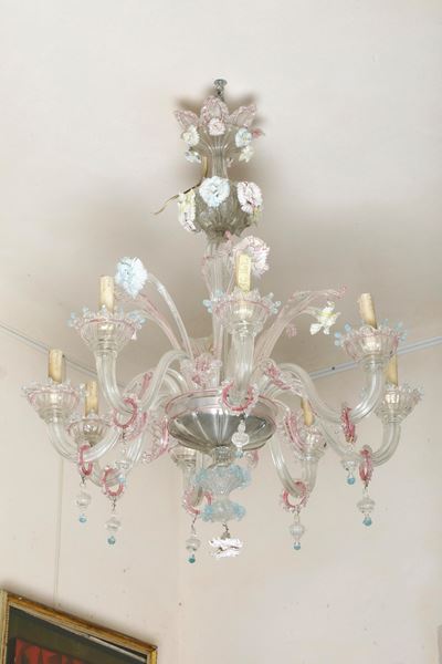 Lampadari a otto fiamme in vetro trasparente e colorato