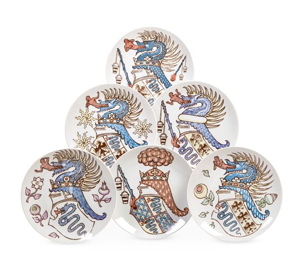 Sei piatti “Alfa Romeo” Milano, Piero Fornasetti, 1950 circa