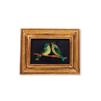 Placca a commesso di pietre dure e malachite, due volatili su ramo, fine XIX-inizio XX secolo