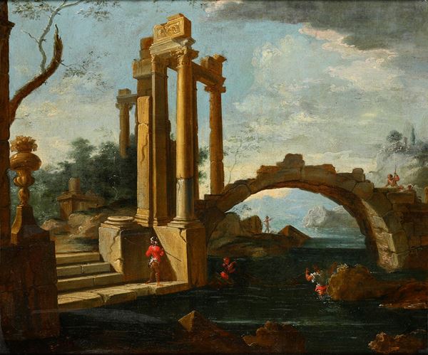 Scuola del XVIII secolo Paesaggio con rovine architettoniche e figure
